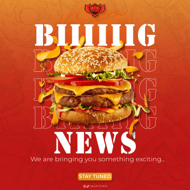 Product teaser with repeated-word background typography for a burger launch