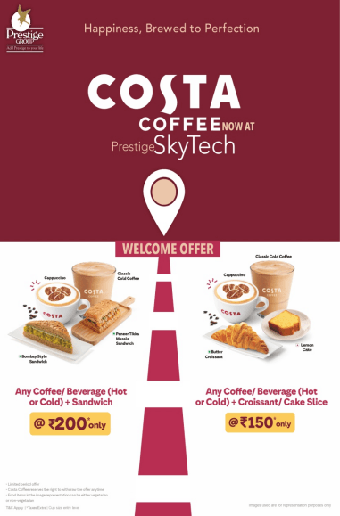 Café launch poster for Costa Coffee at Prestige SkyTech with two offer paths