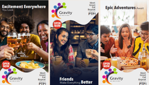 Instagram Story graphic sequence for a social dining venue — arrival, conversation, dining