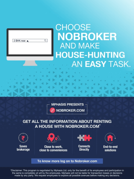 Mphasis employee mailer banner with monitor mockup and benefit icons for a housing platform