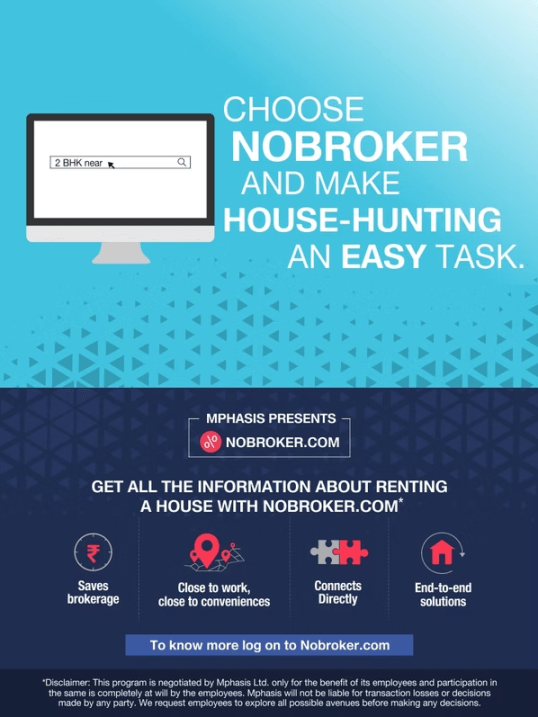 Mphasis employee mailer banner with monitor mockup and benefit icons for a housing platform