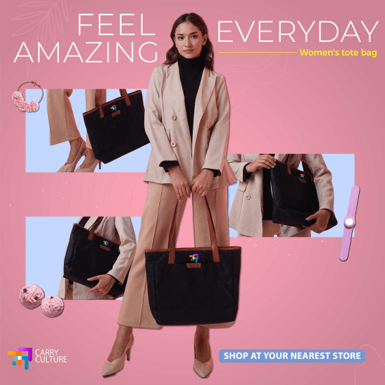 Product ad for a women's tote bag with lifestyle detail photography